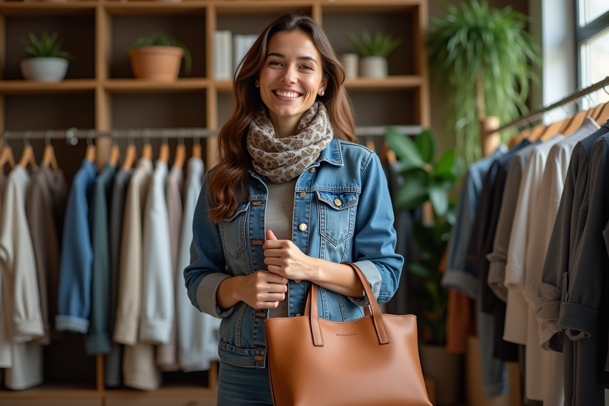 Femme avec sac à main en cuir dans une boutique chaleureuse
