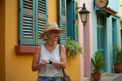 Femme souriante vérifiant sa montre devant une horloge créole à PointeàPitre