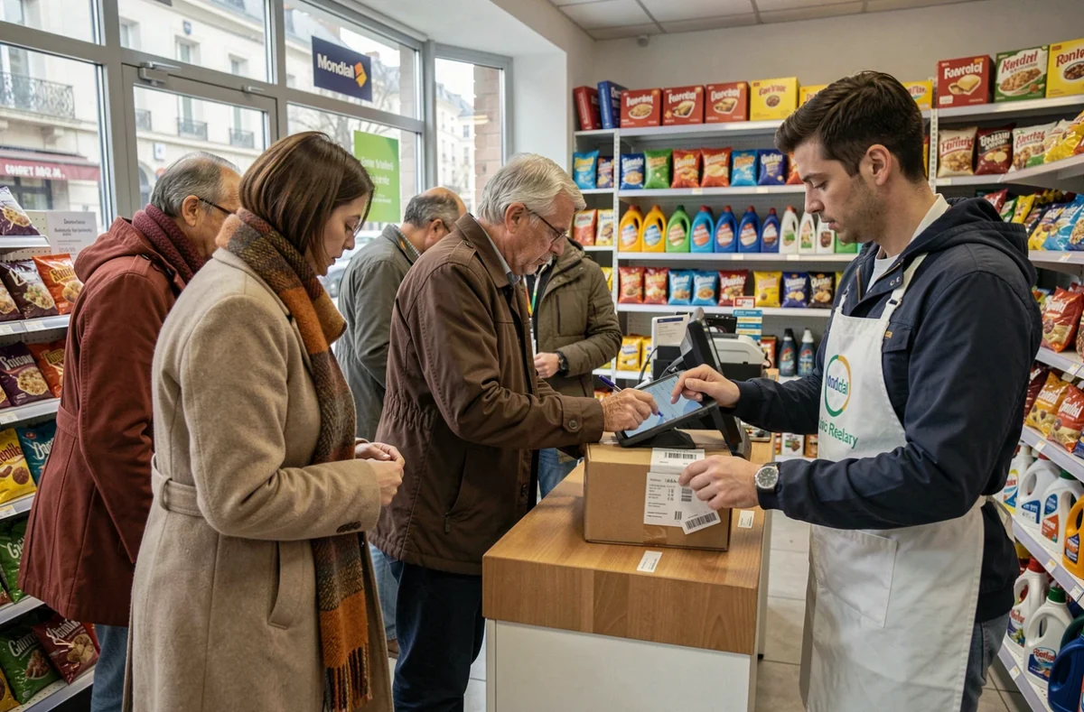 File d'attente dans un point Mondial Relay en épicerie de quartier illustrant l'affluence lors des heures de pointe