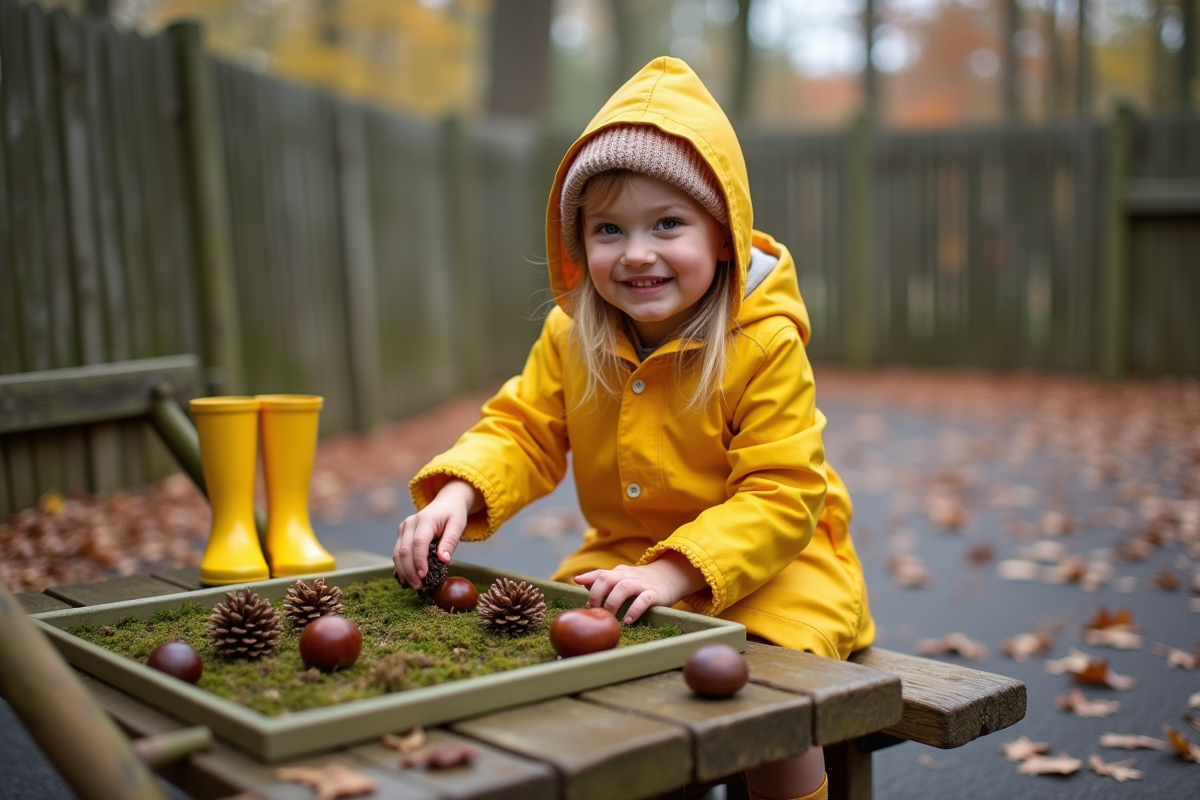 Fille souriante en imperméable jaune jouant avec des éléments naturels