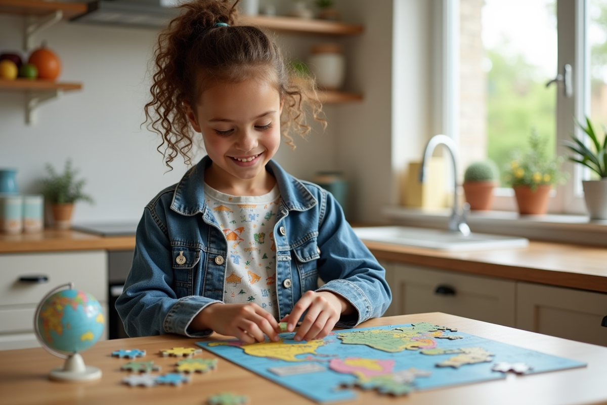Fille de 9 ans arrange un puzzle globe dans la cuisine