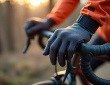 Gants chauffants pour VTT en gros plan avec mains sur guidon