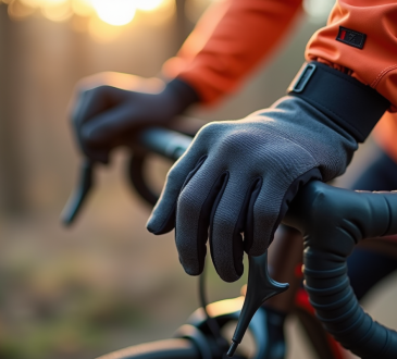 Gants chauffants pour VTT en gros plan avec mains sur guidon