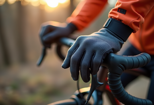 Gants chauffants pour VTT en gros plan avec mains sur guidon