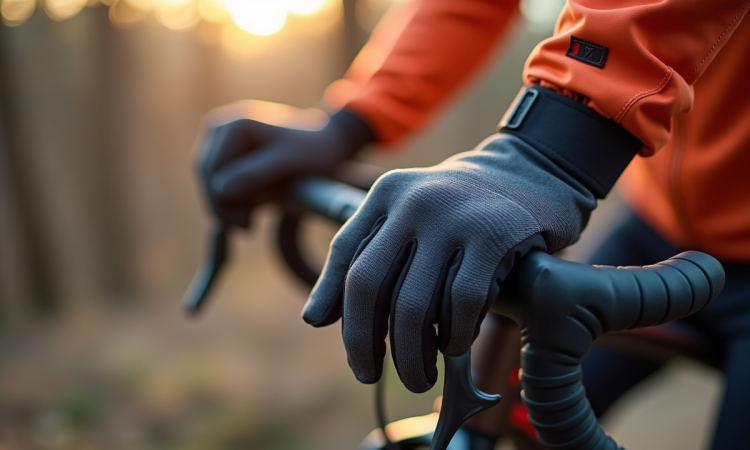Gants chauffants pour VTT en gros plan avec mains sur guidon