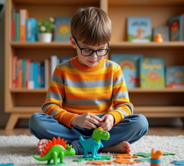 Garçon de 7 ans assemble un puzzle dinosaure coloré