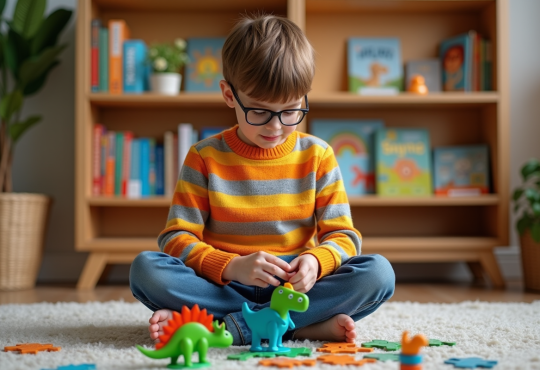 Garçon de 7 ans assemble un puzzle dinosaure coloré