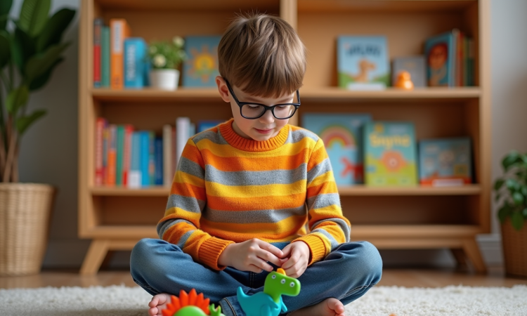 Garçon de 7 ans assemble un puzzle dinosaure coloré