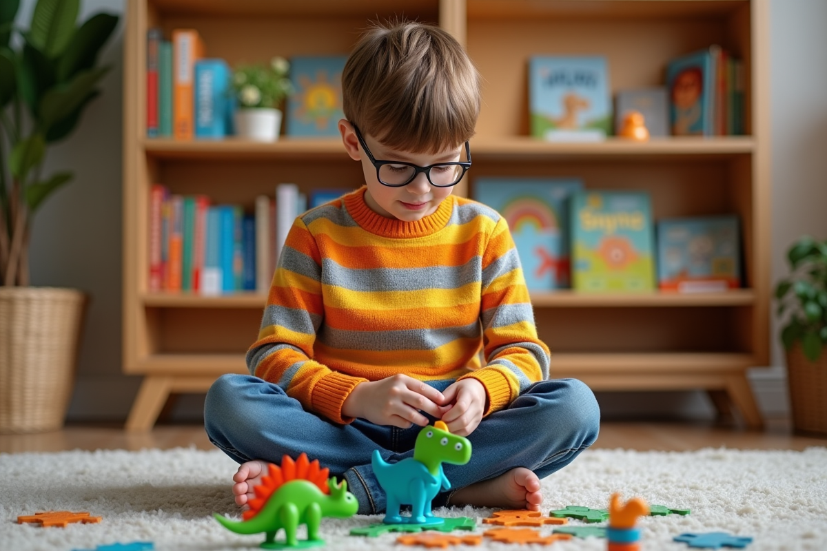 Garçon de 7 ans assemble un puzzle dinosaure coloré