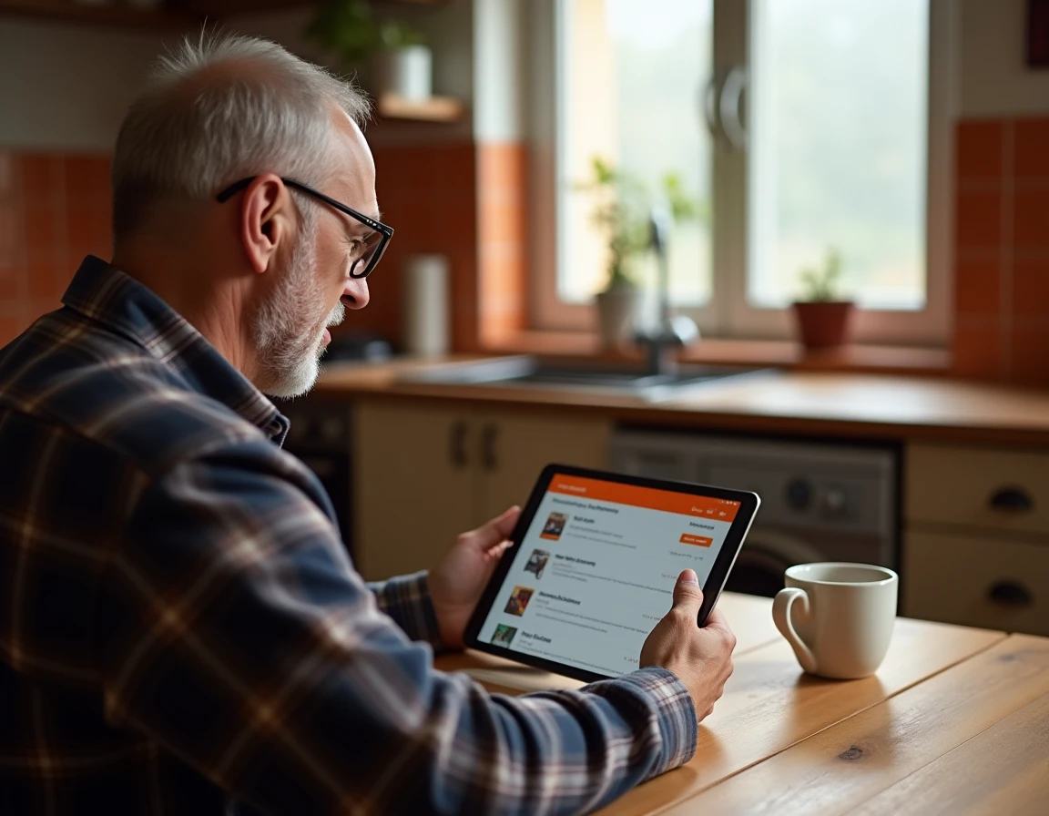 Homme gérant ses enregistrements Orange TV depuis l'application mobile sur tablette dans sa cuisine