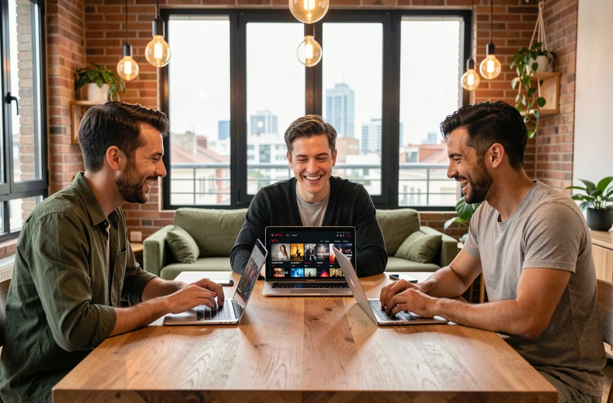 Groupe d'amis choisissant une série espagnole Netflix sur ordinateur portable dans un appartement moderne de Madrid