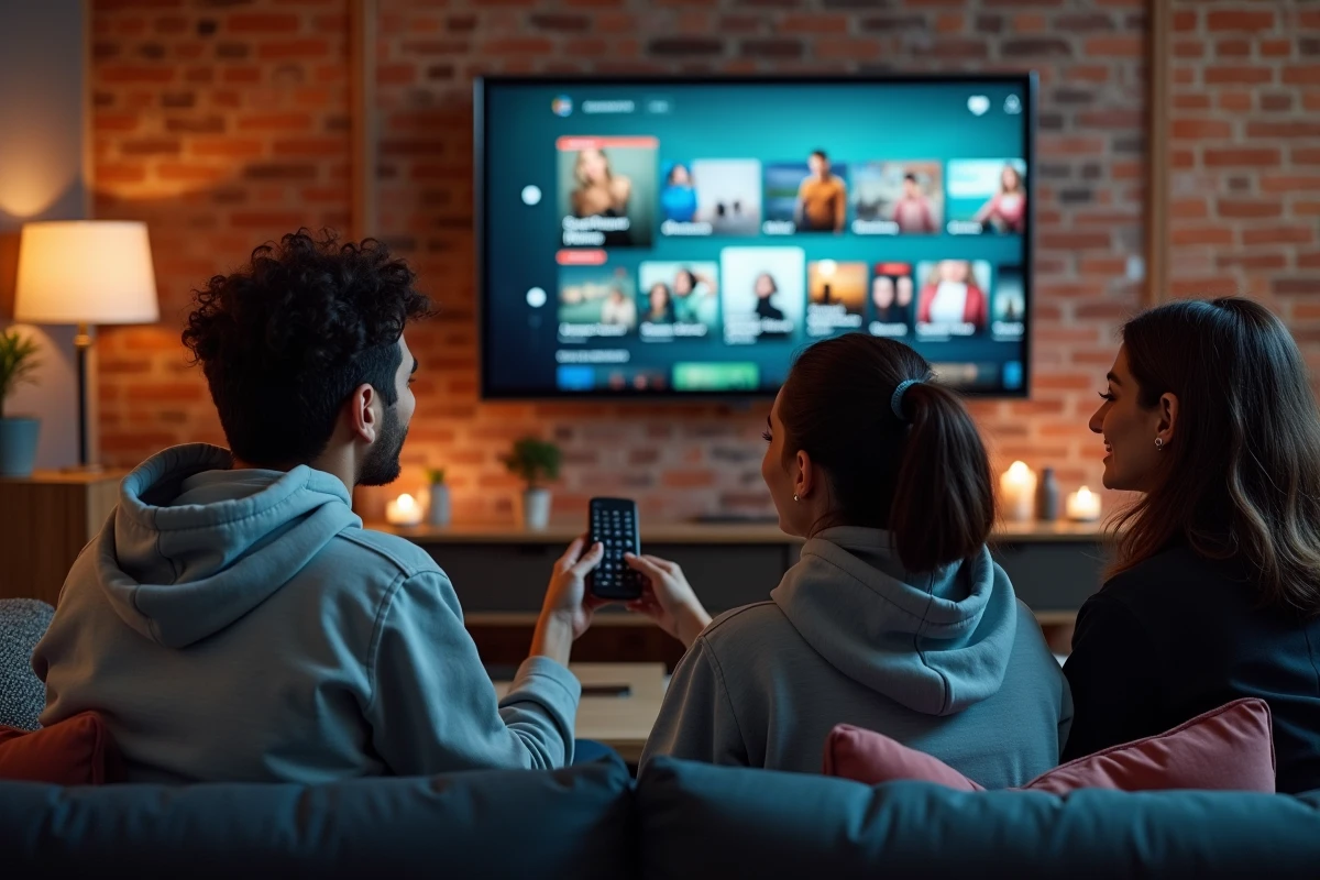 Groupe d'amis choisissant un film gratuit en ligne sur une télévision connectée dans un appartement urbain chaleureux