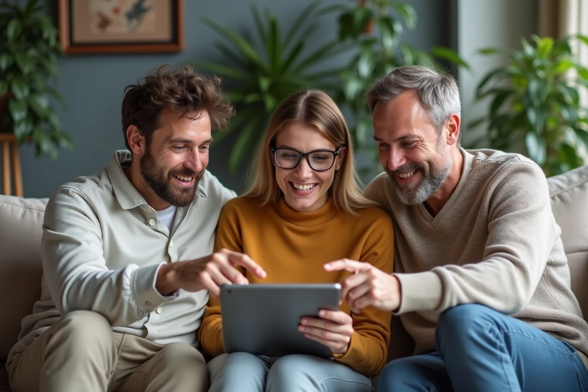 Groupe d'amis adultes discutant des résultats d'un quiz populaire autour d'une tablette dans un salon moderne