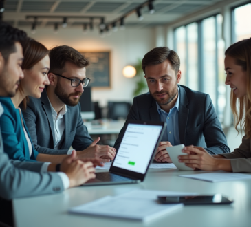 Groupe de professionnels collaborant autour d'un ordinateur en bureau moderne