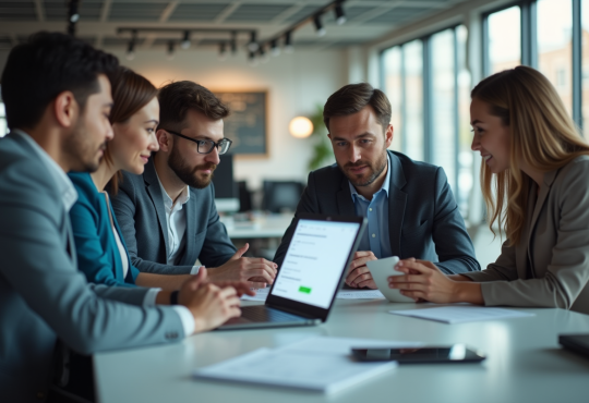 Groupe de professionnels collaborant autour d'un ordinateur en bureau moderne