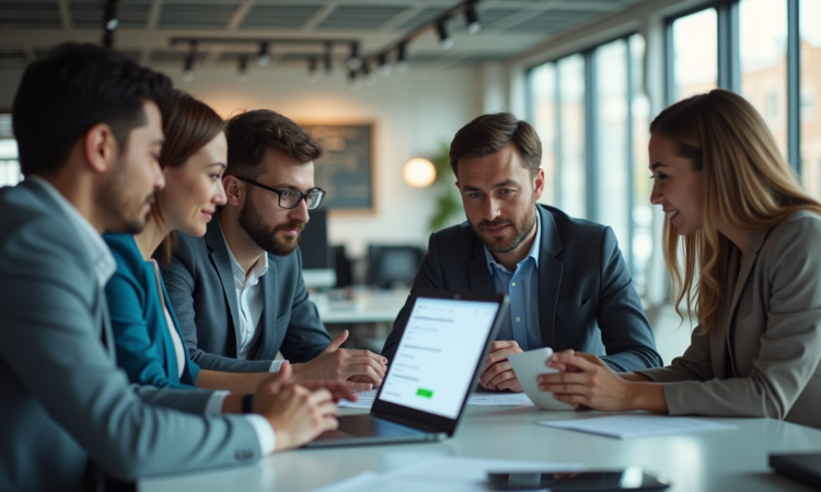 Groupe de professionnels collaborant autour d'un ordinateur en bureau moderne