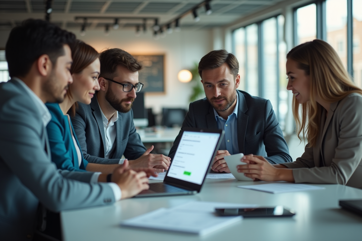 Groupe de professionnels collaborant autour d'un ordinateur en bureau moderne