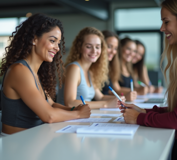 Femmes souriantes inscrivant leur membership dans une salle de sport lumineuse
