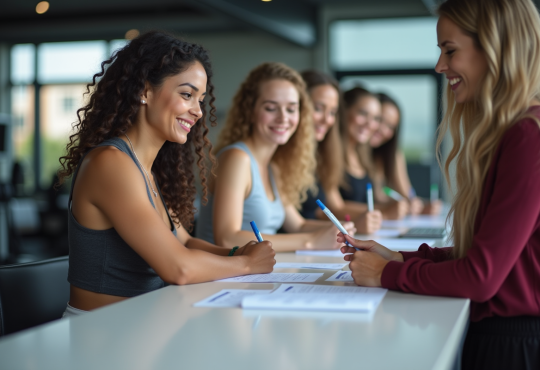 Femmes souriantes inscrivant leur membership dans une salle de sport lumineuse