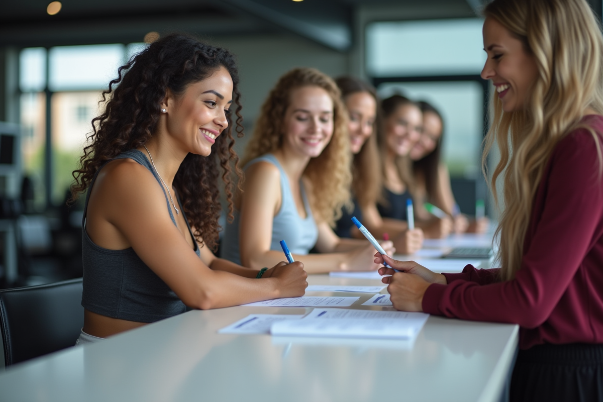 Femmes souriantes inscrivant leur membership dans une salle de sport lumineuse
