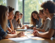 Groupe de jeunes adultes collaborant en classe lumineuse
