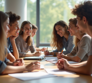 Groupe de jeunes adultes collaborant en classe lumineuse