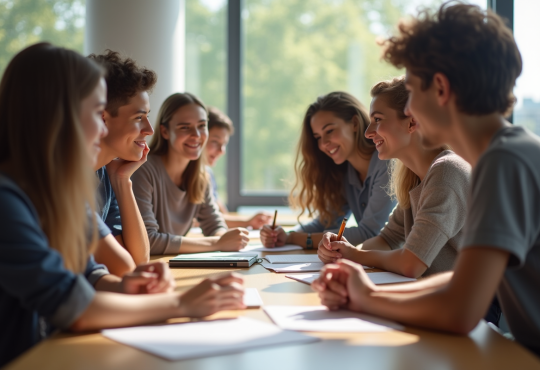 Groupe de jeunes adultes collaborant en classe lumineuse
