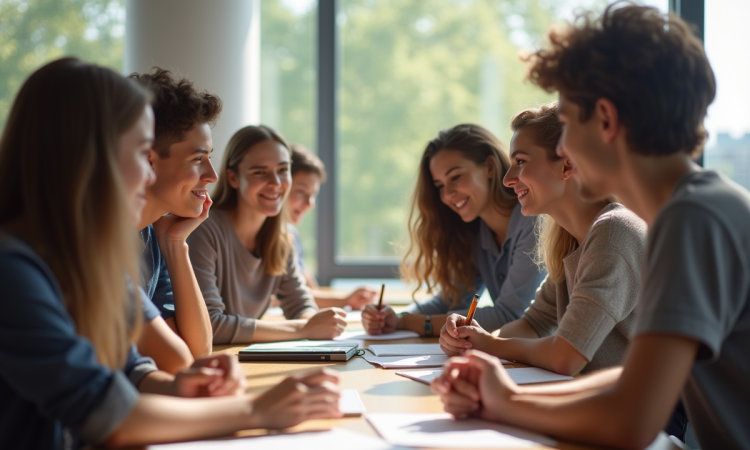 Groupe de jeunes adultes collaborant en classe lumineuse