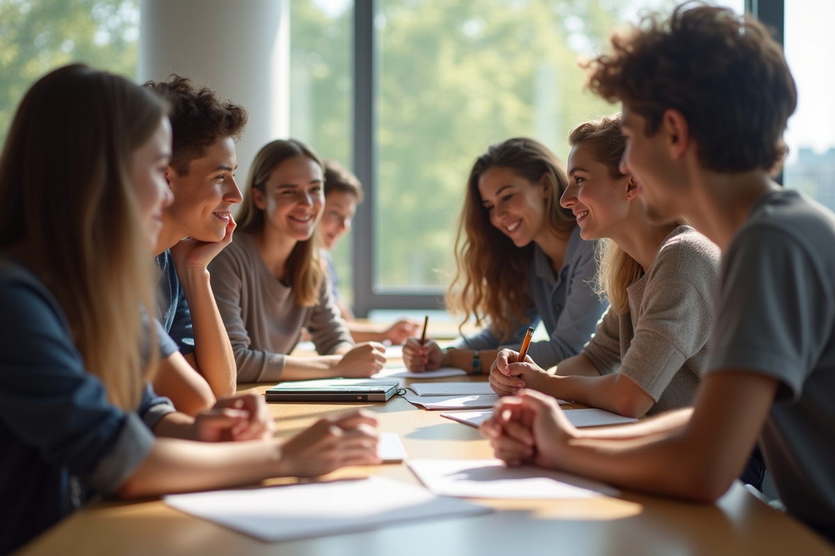 Groupe de jeunes adultes collaborant en classe lumineuse
