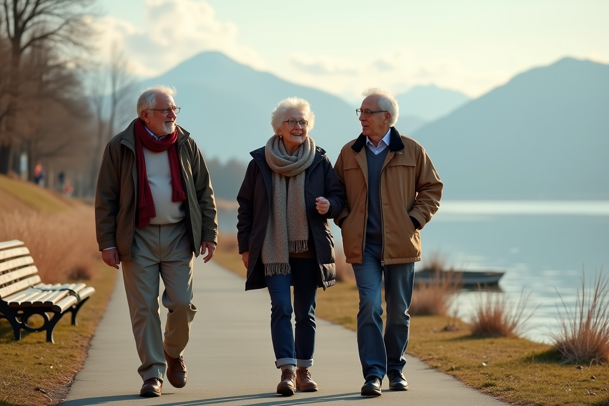 Groupe de seniors se promenant au bord du lac en après-midi