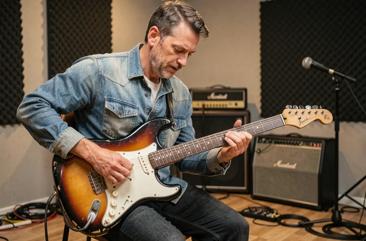 Guitariste jouant une Stratocaster sunburst équipée de micros Samarium Cobalt dans un studio de répétition
