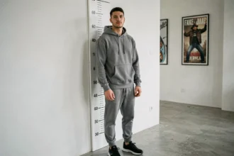Rappeur français mesurant sa taille devant un mètre mural dans un studio urbain