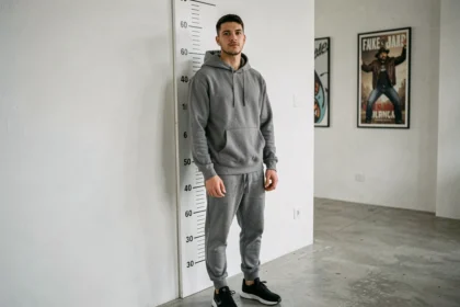 Rappeur français mesurant sa taille devant un mètre mural dans un studio urbain