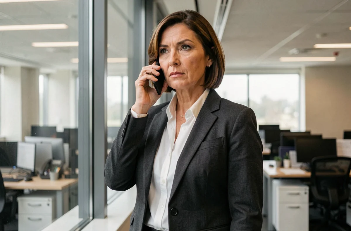 Femme cadre signalant un cas de harcèlement au travail par téléphone depuis son bureau