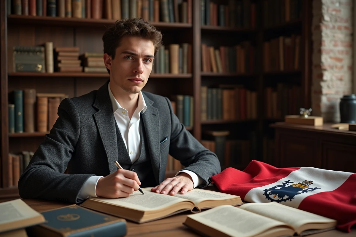 Jeune historien avec drapeau breton dans un bureau d archives