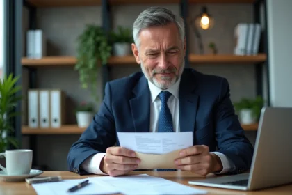 Homme d'affaires en costume vérifiant un formulaire de changement d'adresse