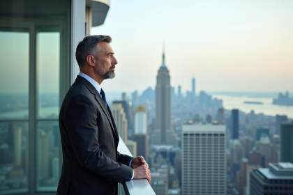 Homme d'affaires en costume sur un balcon de penthouse