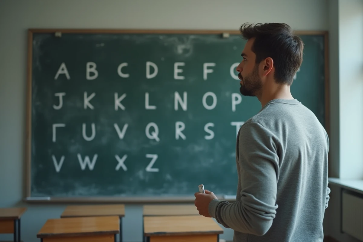 Homme devant un tableau noir avec les lettres de l'alphabet écrites à la craie dans une salle de classe