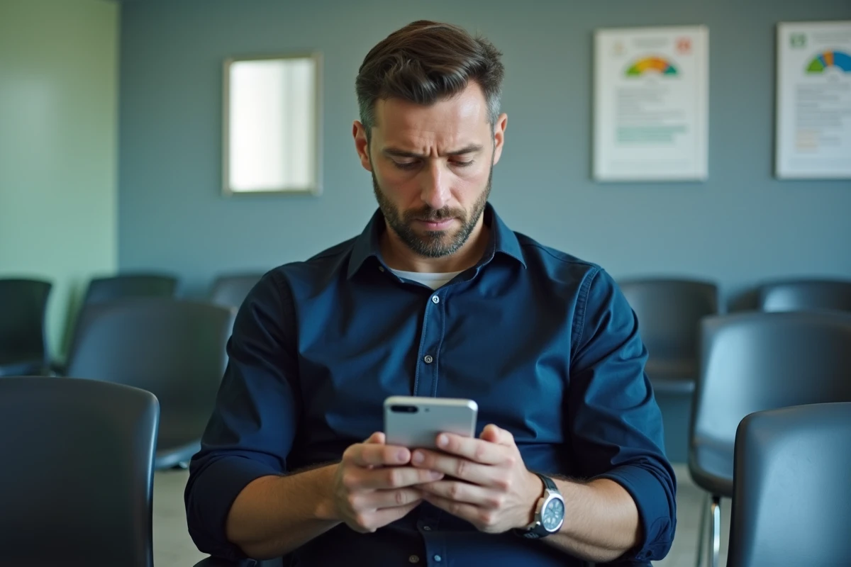 Homme consultant son téléphone dans une salle d'attente de l'agence Pôle emploi