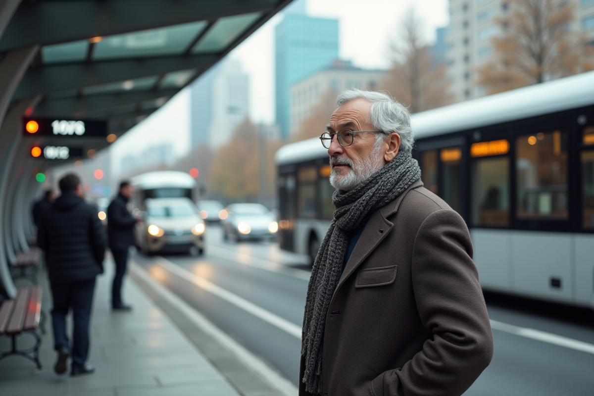 Homme âgé attendant un bus autonome dans la ville