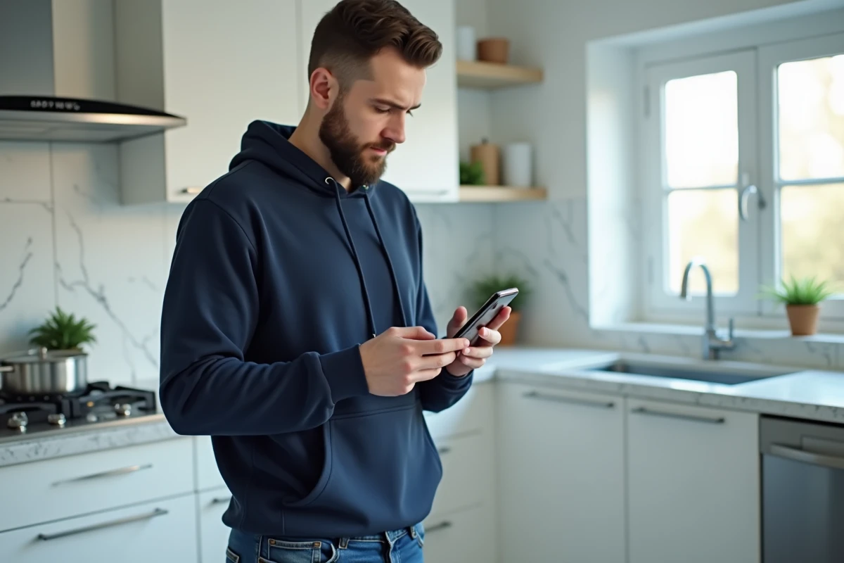 Homme consultant des avis clients sur une boutique en ligne depuis son smartphone dans une cuisine moderne