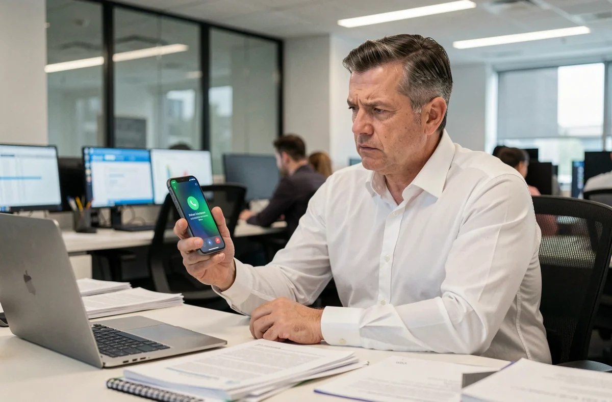 Homme au bureau examinant avec méfiance un appel téléphonique non sollicité sur son téléphone, dans un environnement professionnel