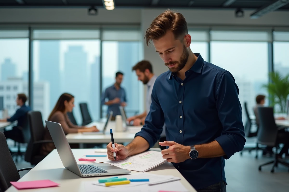 Homme en chemise bleue prenant des notes codées par couleur avec un stylo 4 couleurs effaçable dans un bureau moderne