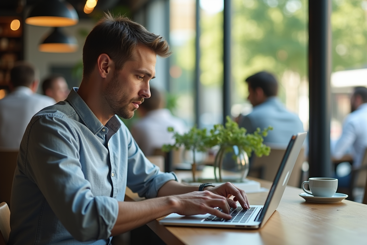 Homme concentré travaillant dans un café moderne