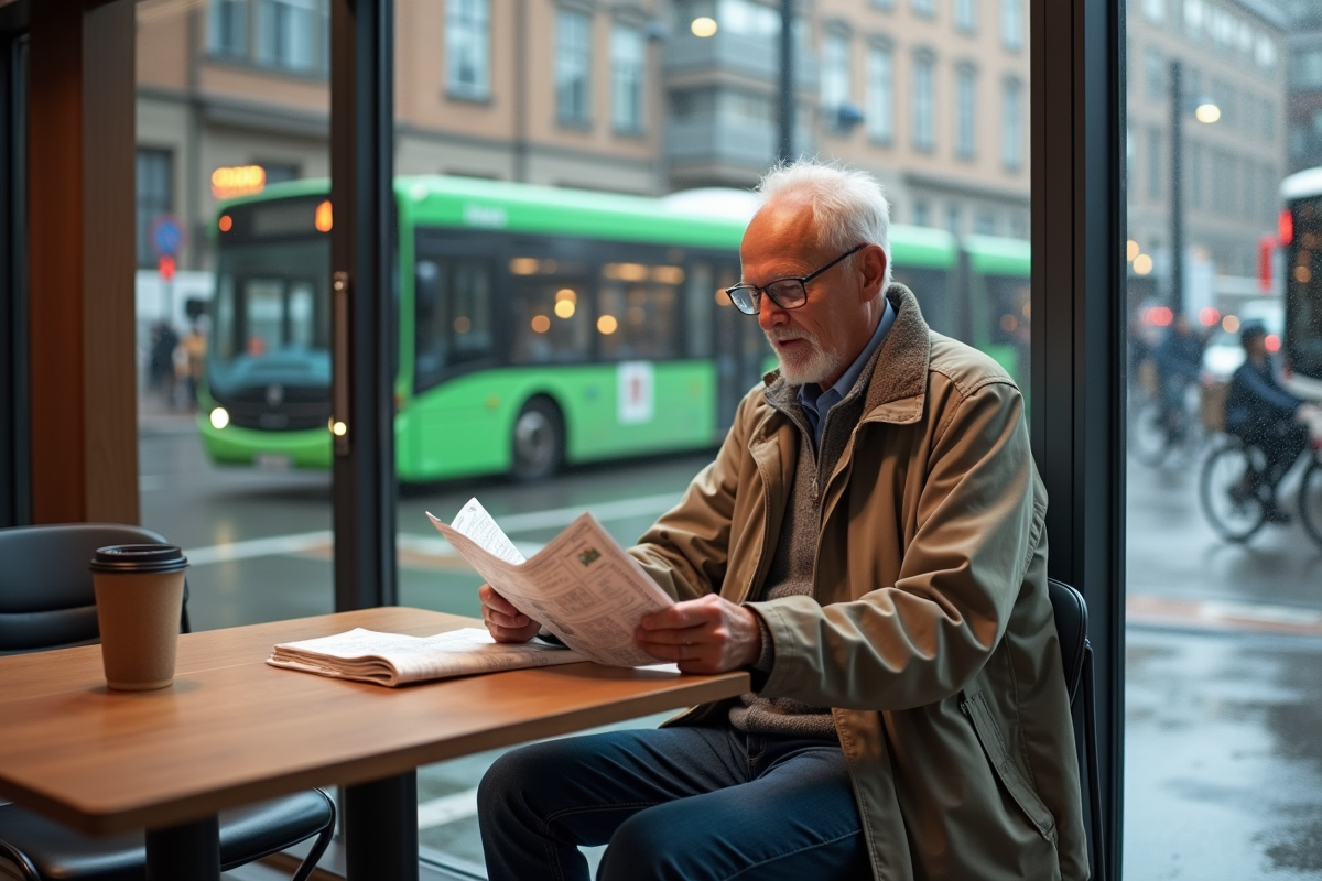 Homme âgé examine brochure de mobilité en café