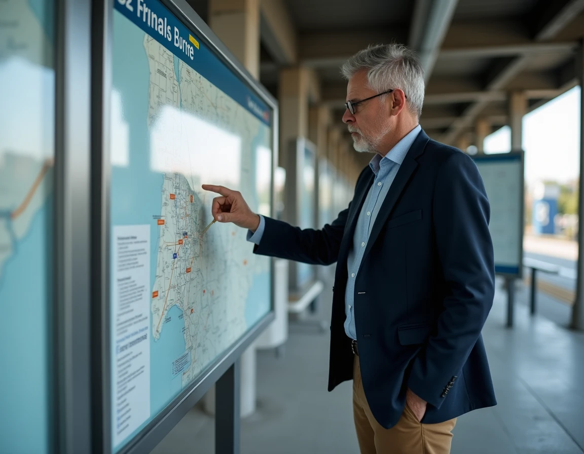 Homme consultant une carte des zones Navigo dans une gare RER en banlieue parisienne