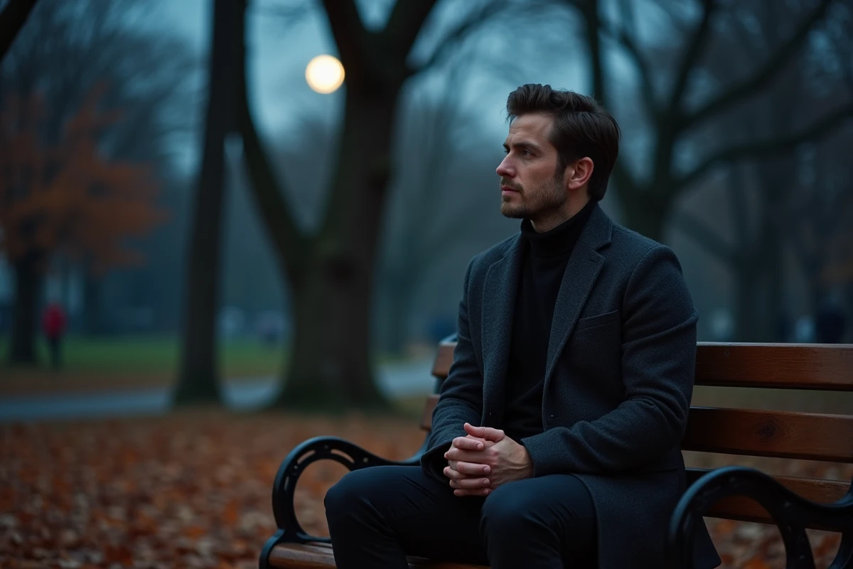 Homme célibataire pensif assis dans un parc sous la pleine lune d'automne, feuilles mortes et ambiance romantique nocturne