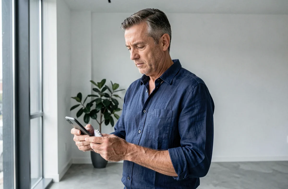 Homme comparant des services de voyance par téléphone avec soin dans un salon moderne et épuré