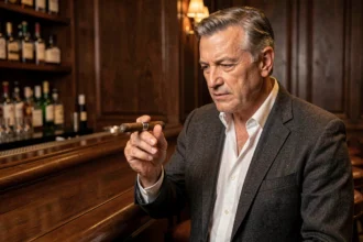 Homme mature examinant un cigare premium dans un salon privé en bois sombre, illustrant les différences entre cigare et cigarette