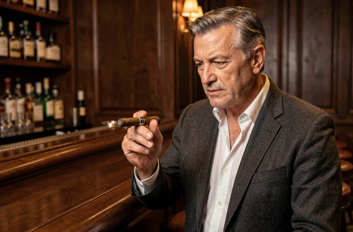Homme mature examinant un cigare premium dans un salon privé en bois sombre, illustrant les différences entre cigare et cigarette